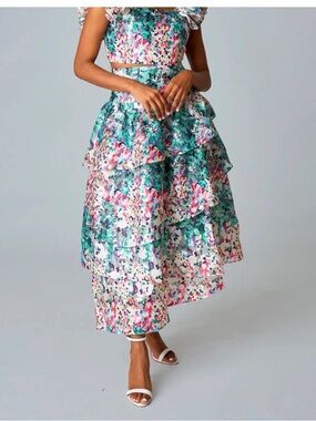 Buddy Love Tiered Floral Midi Skirt in Teal & Pink Size S